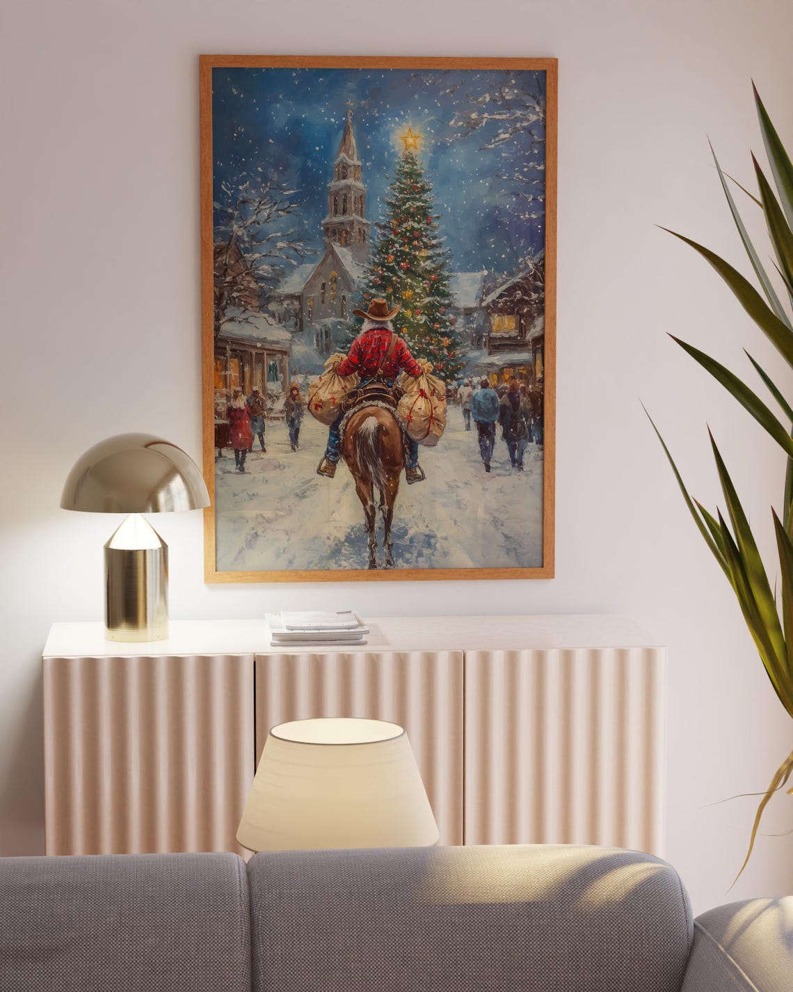 Starry Night Winter Holiday Landscape Art Santa Claus Riding A Horse Downtown Print Cowboy Santa Vintage Oil Painting Christmas Wall Art