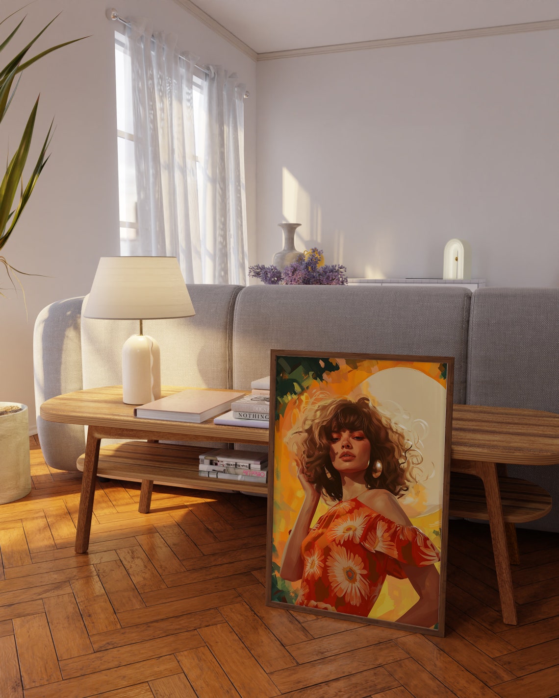 Retro Woman Portrait in Orange Floral Top Sunset Illustration Poster - Image 3