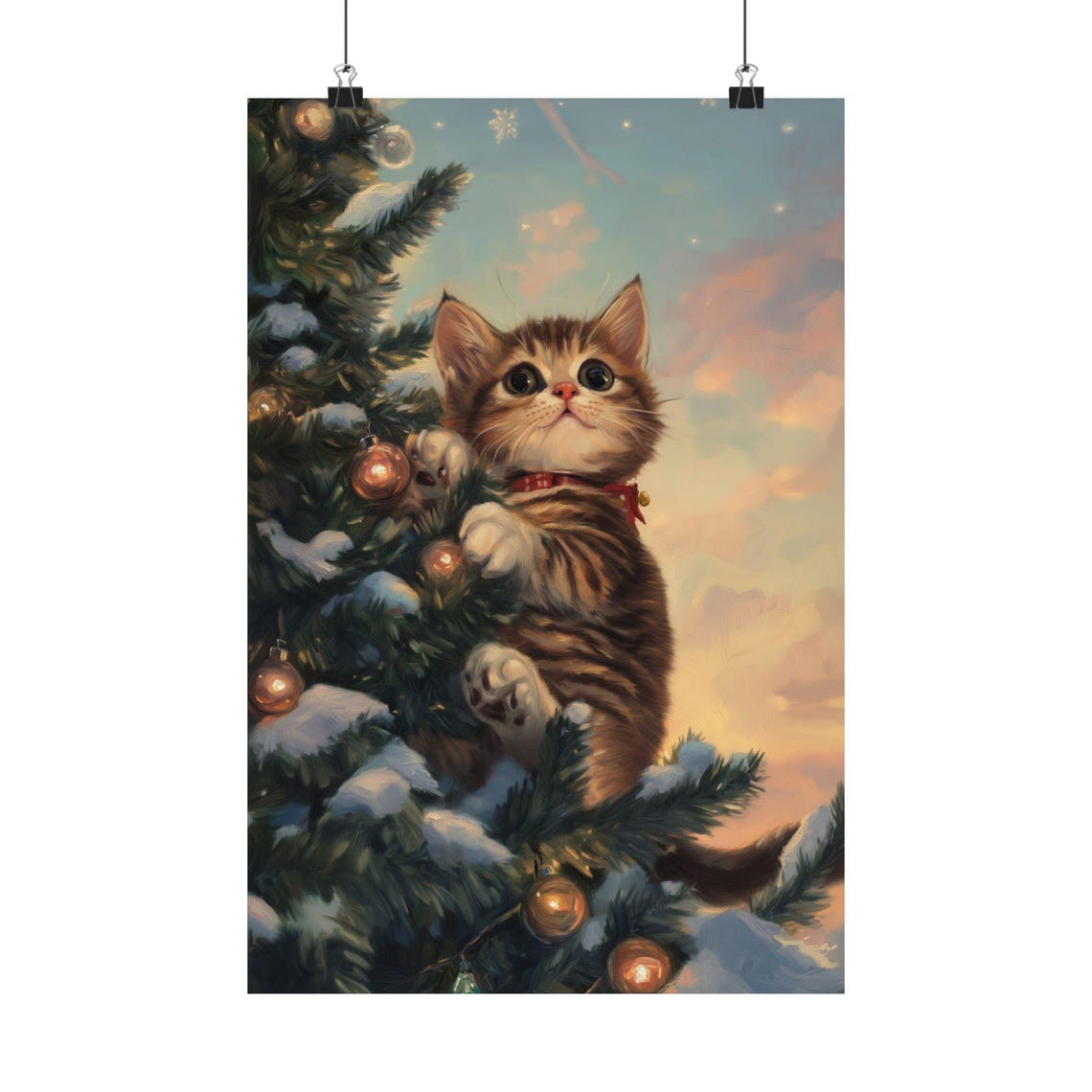 Tabby Kitten Climbing Snowy Christmas Tree Ornaments Wall Art - Image 2