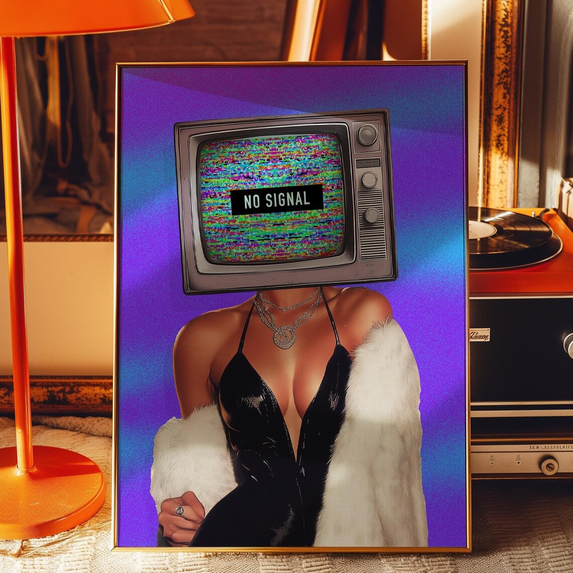 No Signal TV Head Retro Vintage Glitch Surreal Woman Purple Poster
