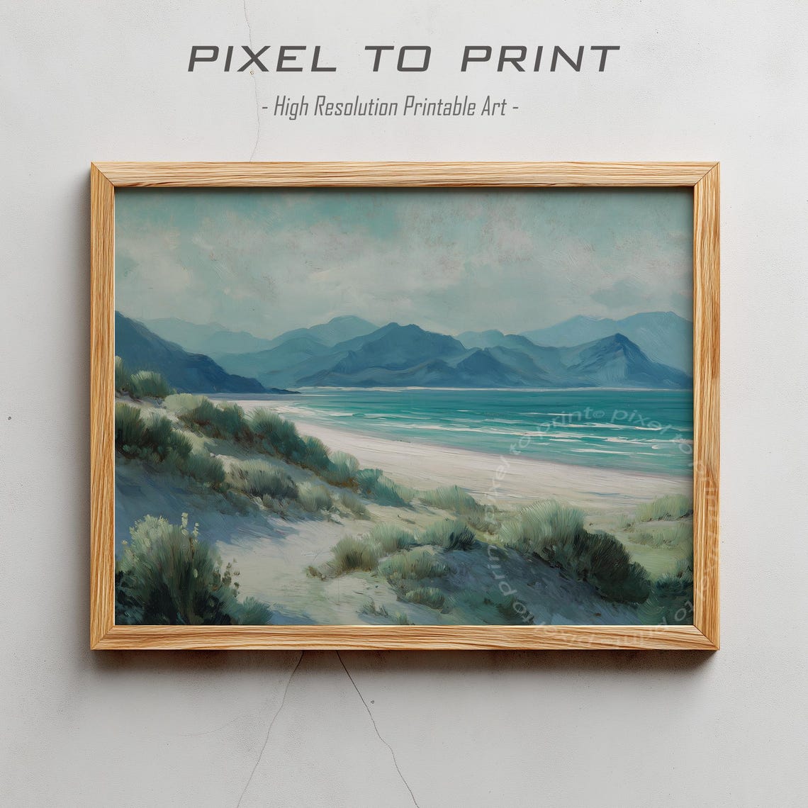 Turquoise Beach Dunes Mountain View Peaceful Coastal Art Poster