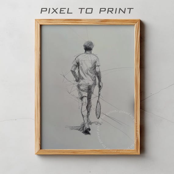 Minimalist Pencil Sketch Of A Tennis Player Art Print Abstract Gift For Lovers