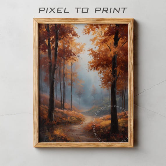 Vintage Autumn Landscape Oil Painting Rustic Farmhouse Decor