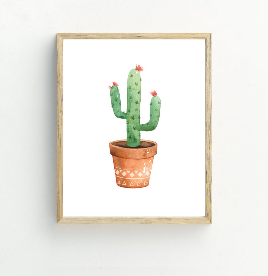 Watercolor Saguaro Cactus Red Blossoms Terracotta Pot Wall Art Print - Image 2