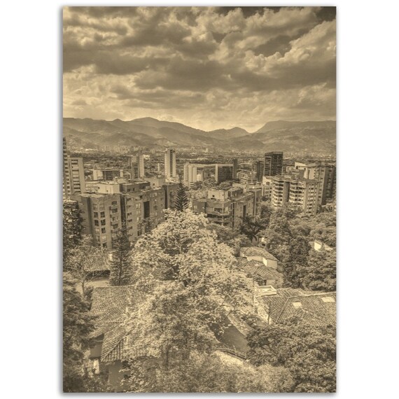 Medellin Colombia Vintage Sepia Cityscape Mountain View Poster