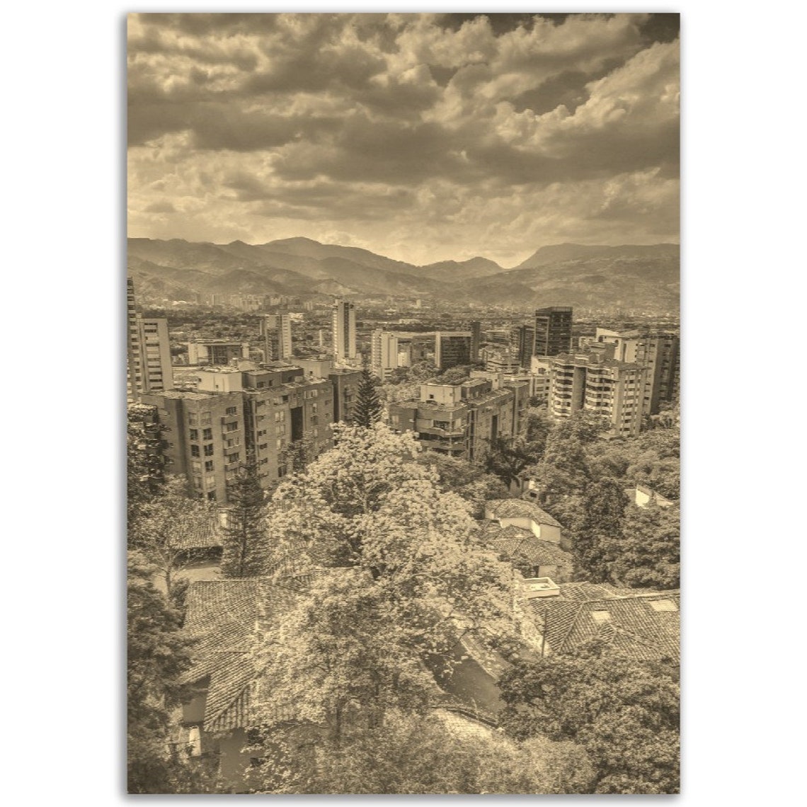 Medellin Colombia Vintage Sepia Cityscape Mountain View Poster