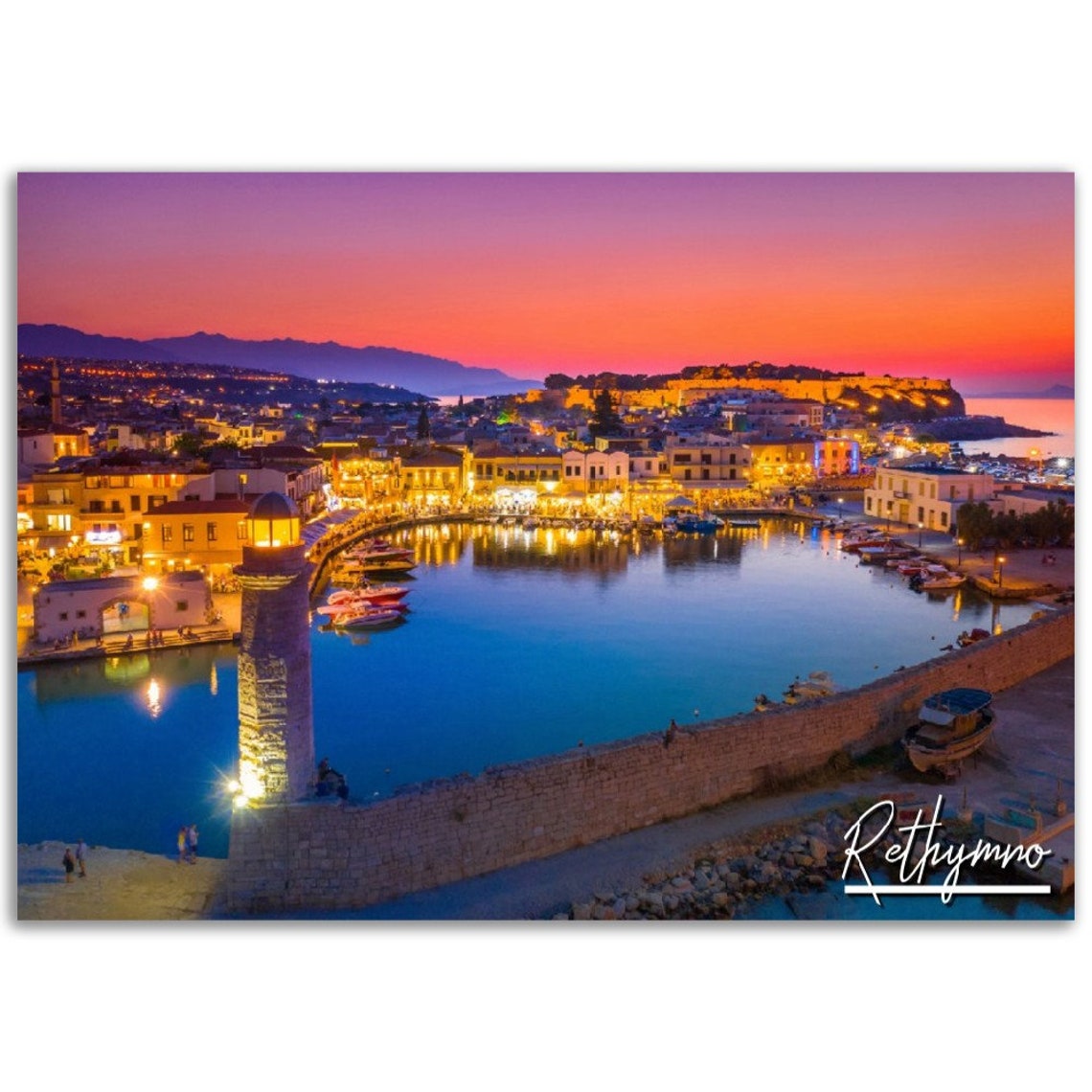 Rethymno Crete Harbor Sunset Photo Poster Lighthouse Greece Travel Art