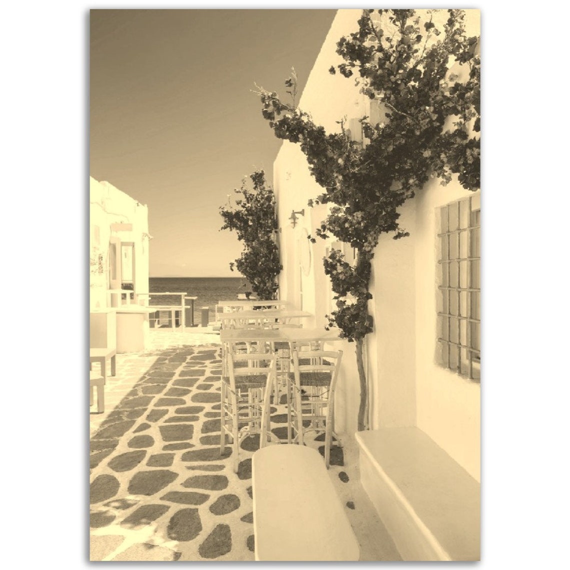 Vintage Sepia Paros Greece Seaside Cafe Terrace Travel Poster