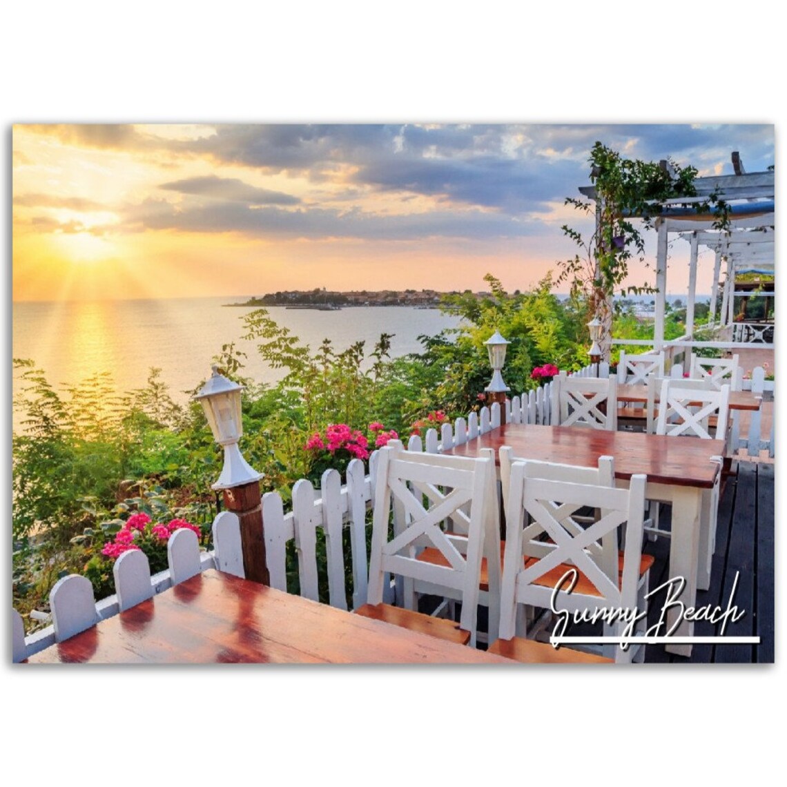 Sunny Beach Bulgaria Seaside Terrace Golden Sunset Travel Poster