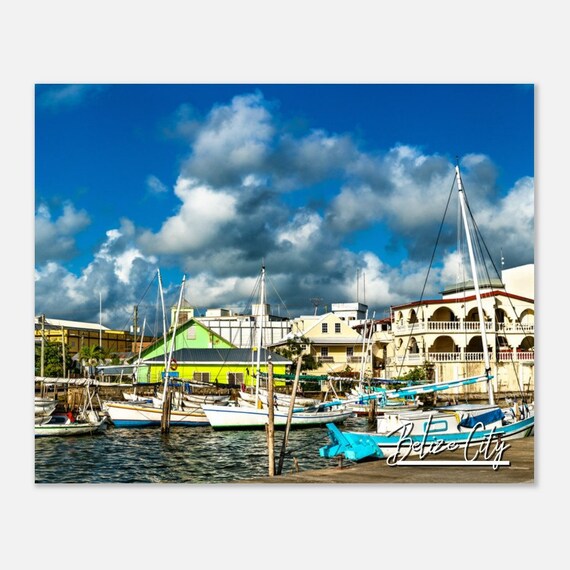 Belize City Caribbean Harbor Sailboats Colorful Waterfront Travel Poster