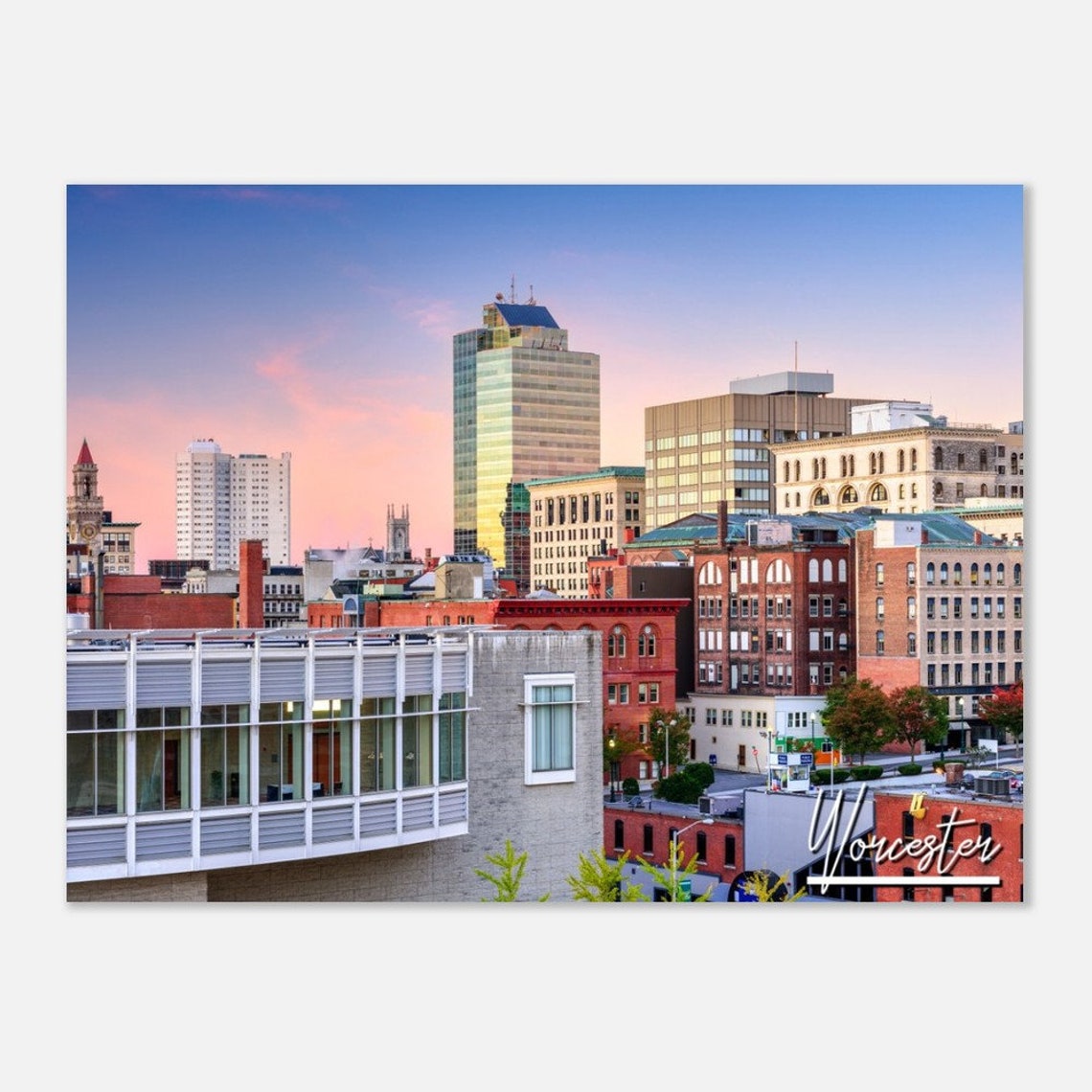 Worcester Massachusetts Skyline Sunset City Buildings Photo Poster