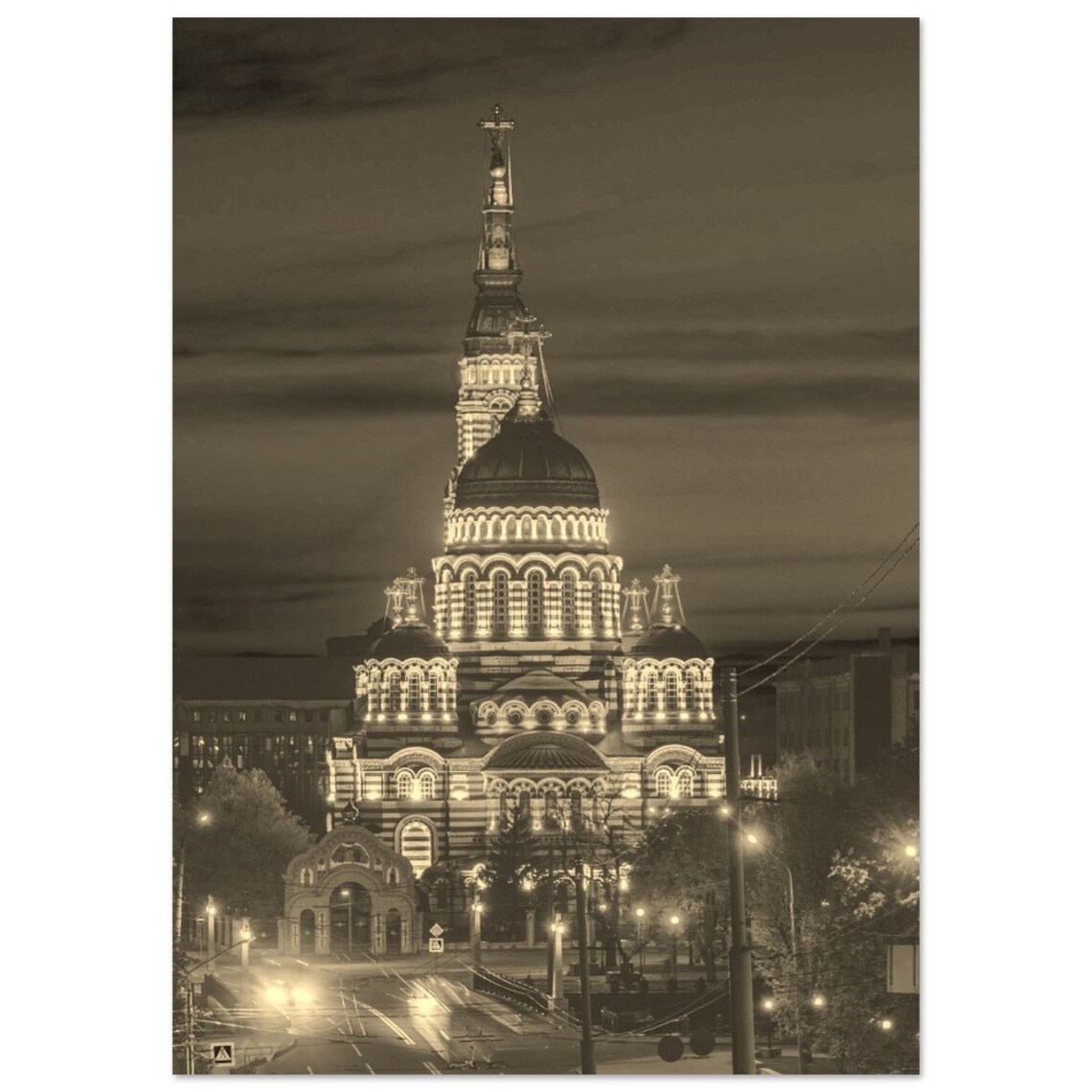 Kharkiv Ukraine Vintage Sepia Cathedral Night Lights View Poster