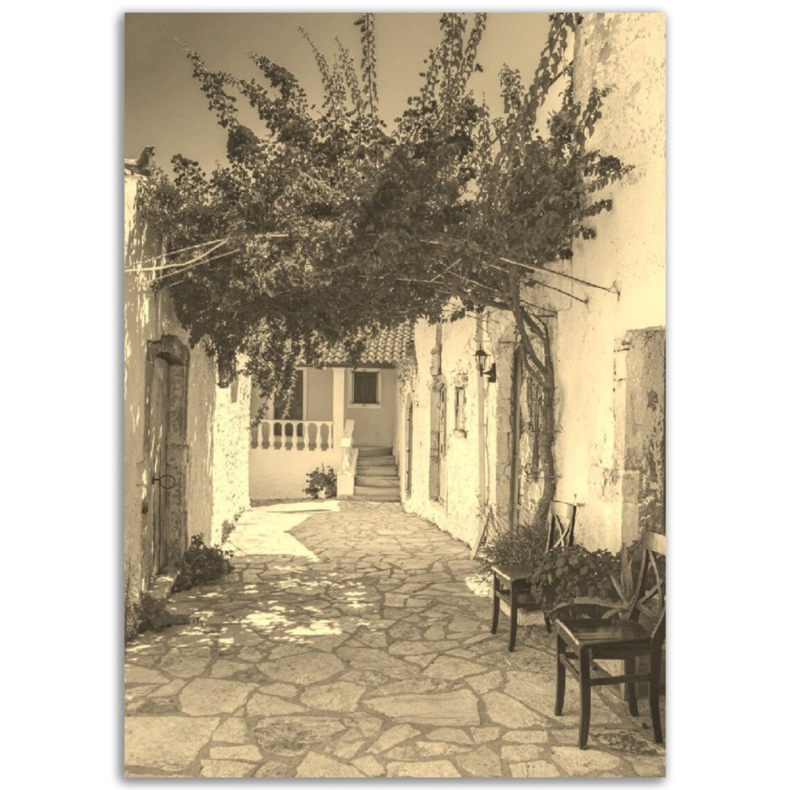 Vintage Corfu Greece Old Cobblestone Alley Sepia Travel Poster