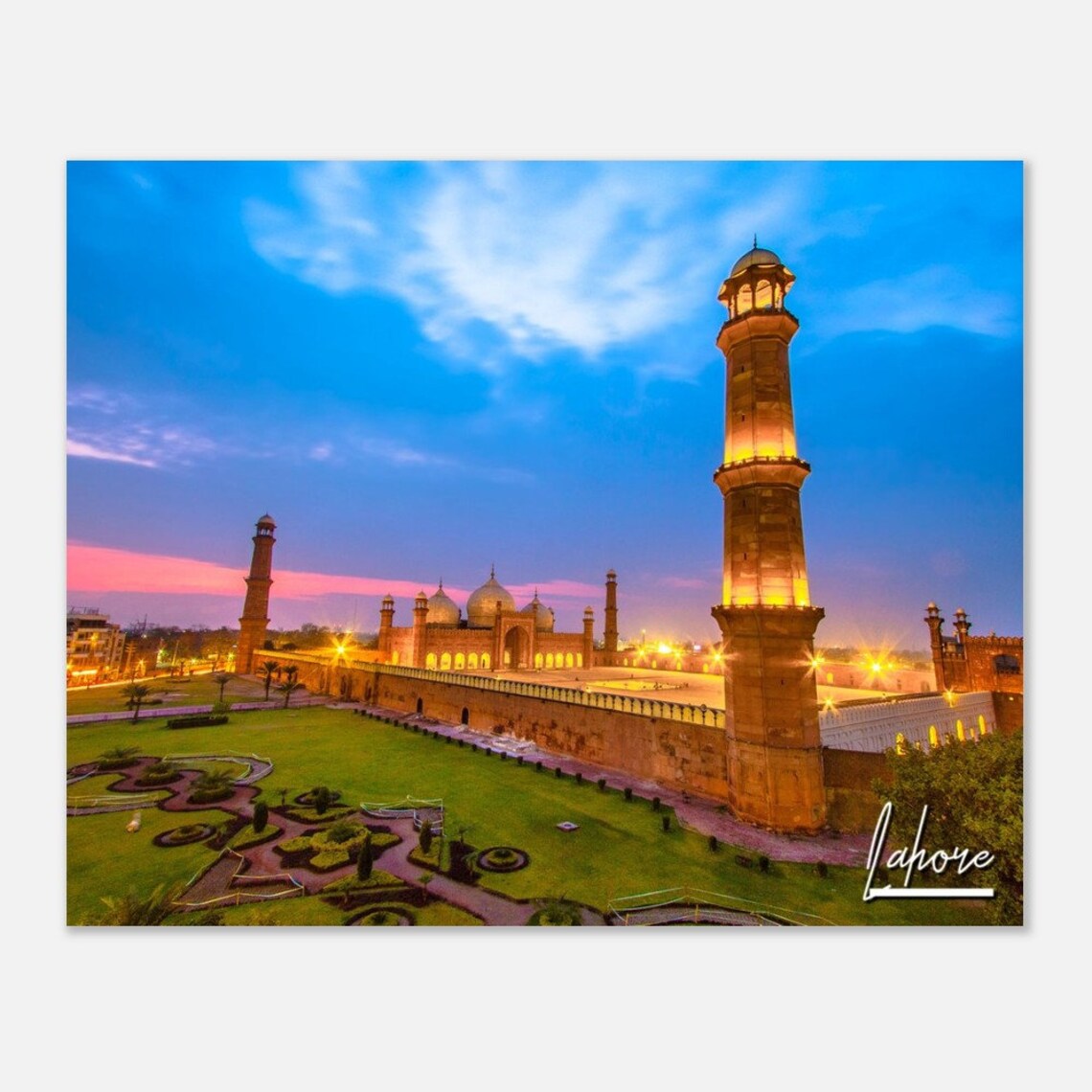 Lahore Badshahi Mosque at Dusk Glowing Minarets Pakistan Photo Poster