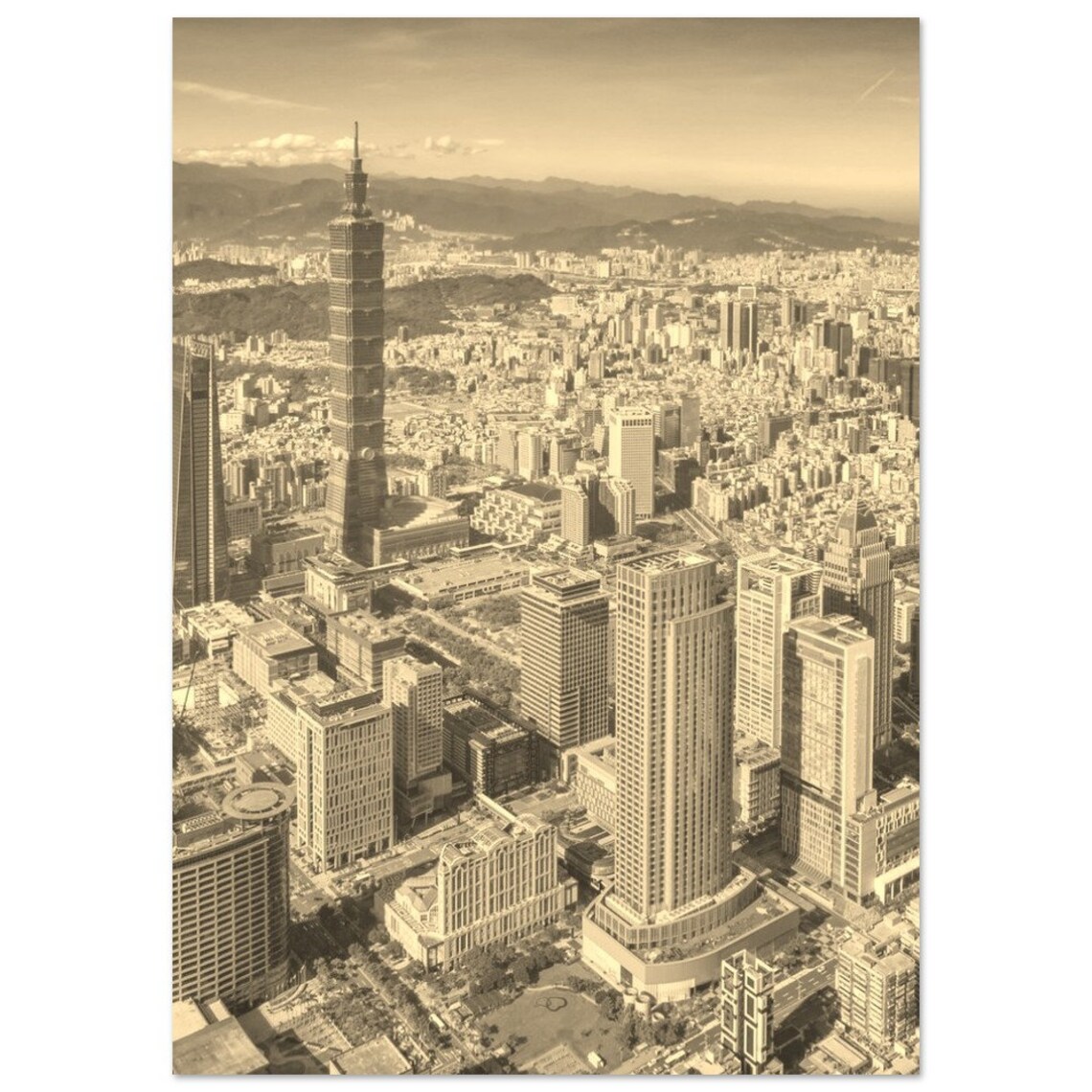Taipei 101 Taiwan Cityscape Vintage Sepia Travel Poster Skyline