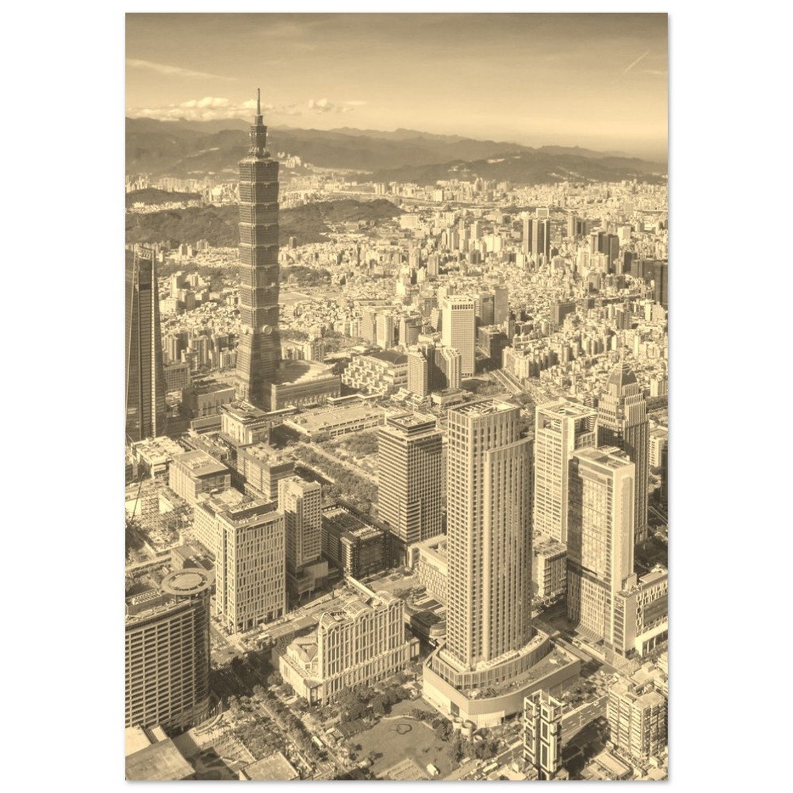 Vintage Taiwan Travel Poster Sepia Cityscape Print