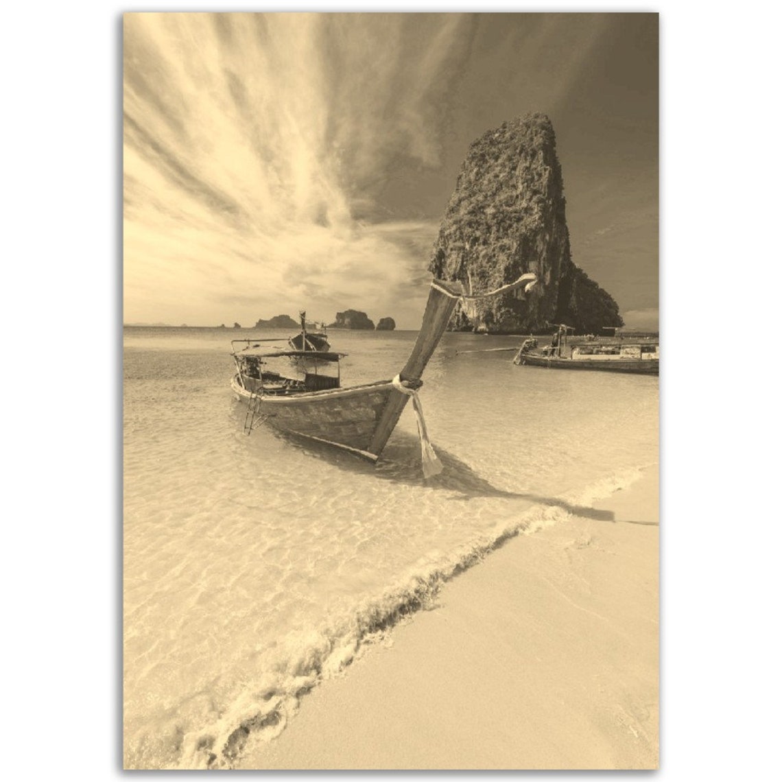 Vintage Phuket Thailand Sepia Longtail Boat Beach Travel Poster