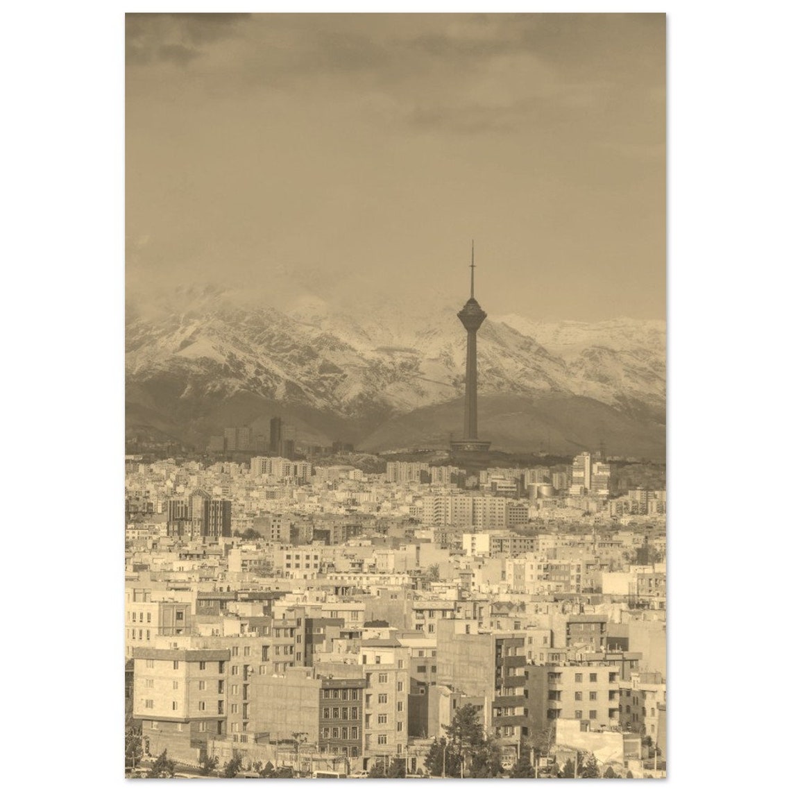 Vintage Sepia City Tower Skyline Snow Capped Mountain Photo Poster