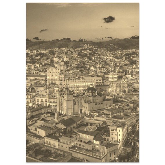Guanajuato Mexico Colonial City Aerial Sepia Vintage Travel Poster