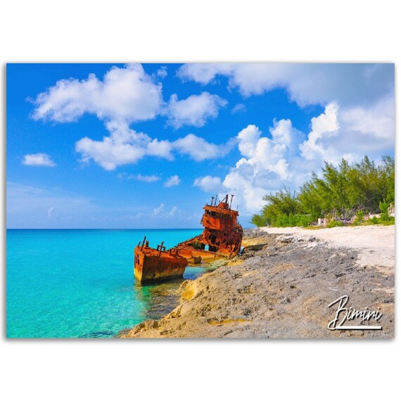 Bimini Shipwreck Rusted Hull Rocky Shore Turquoise Sea Travel Poster