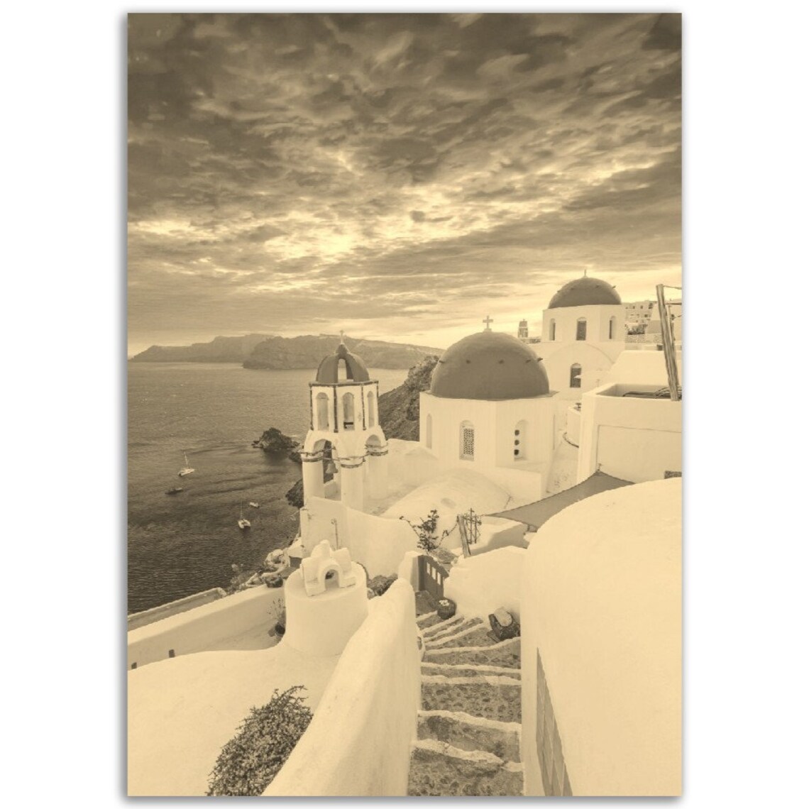 Santorini White Churches Blue Domes Sepia Greece Travel Poster