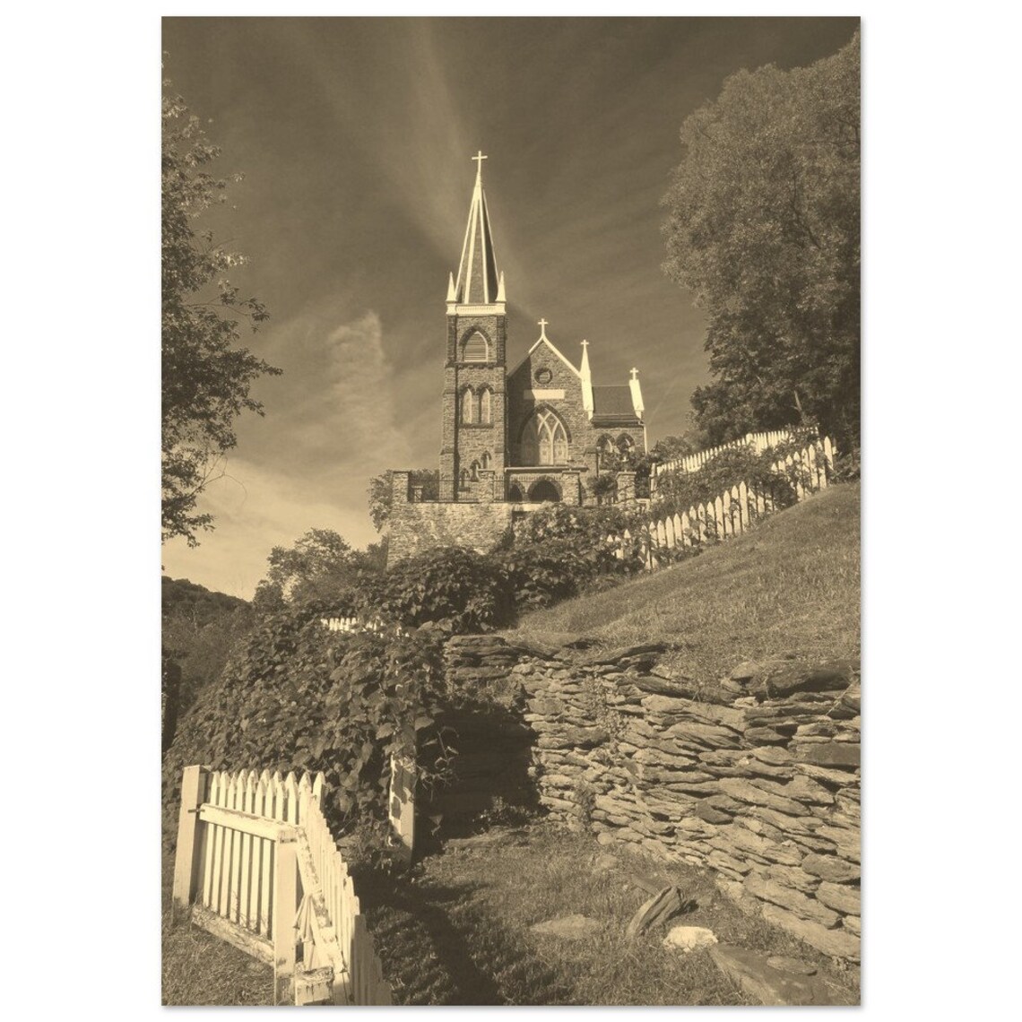 Vintage Harpers Ferry West Virginia Stone Church Sepia Photo Poster