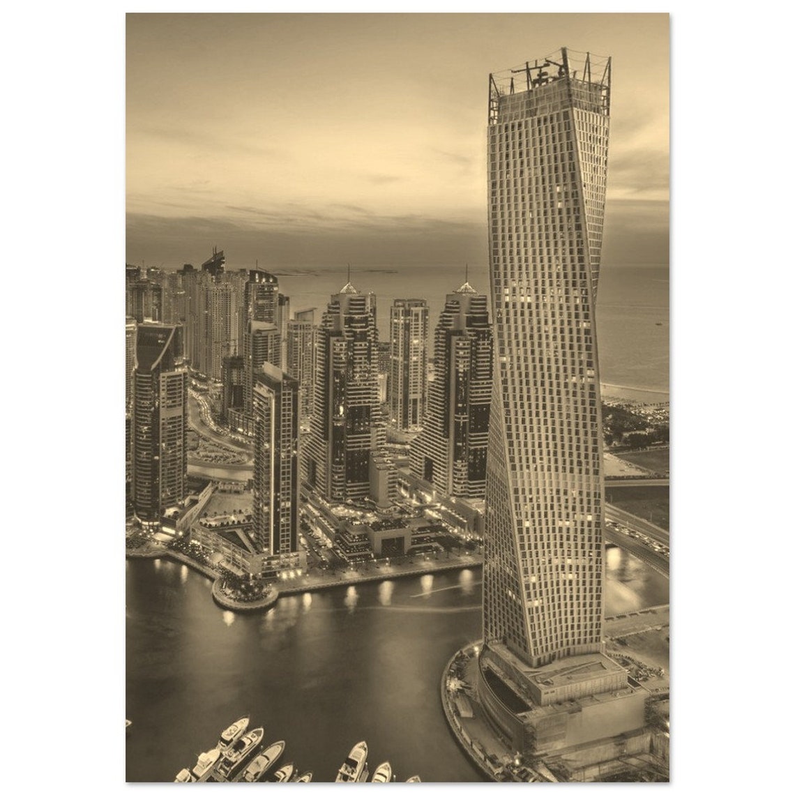 Dubai Marina Skyline Dusk Vintage Sepia Travel Poster Skyscraper