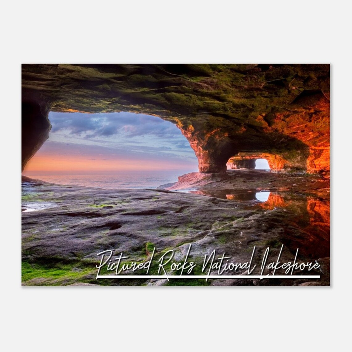 Pictured Rocks National Lakeshore Sea Cave Sunset Michigan Travel Print