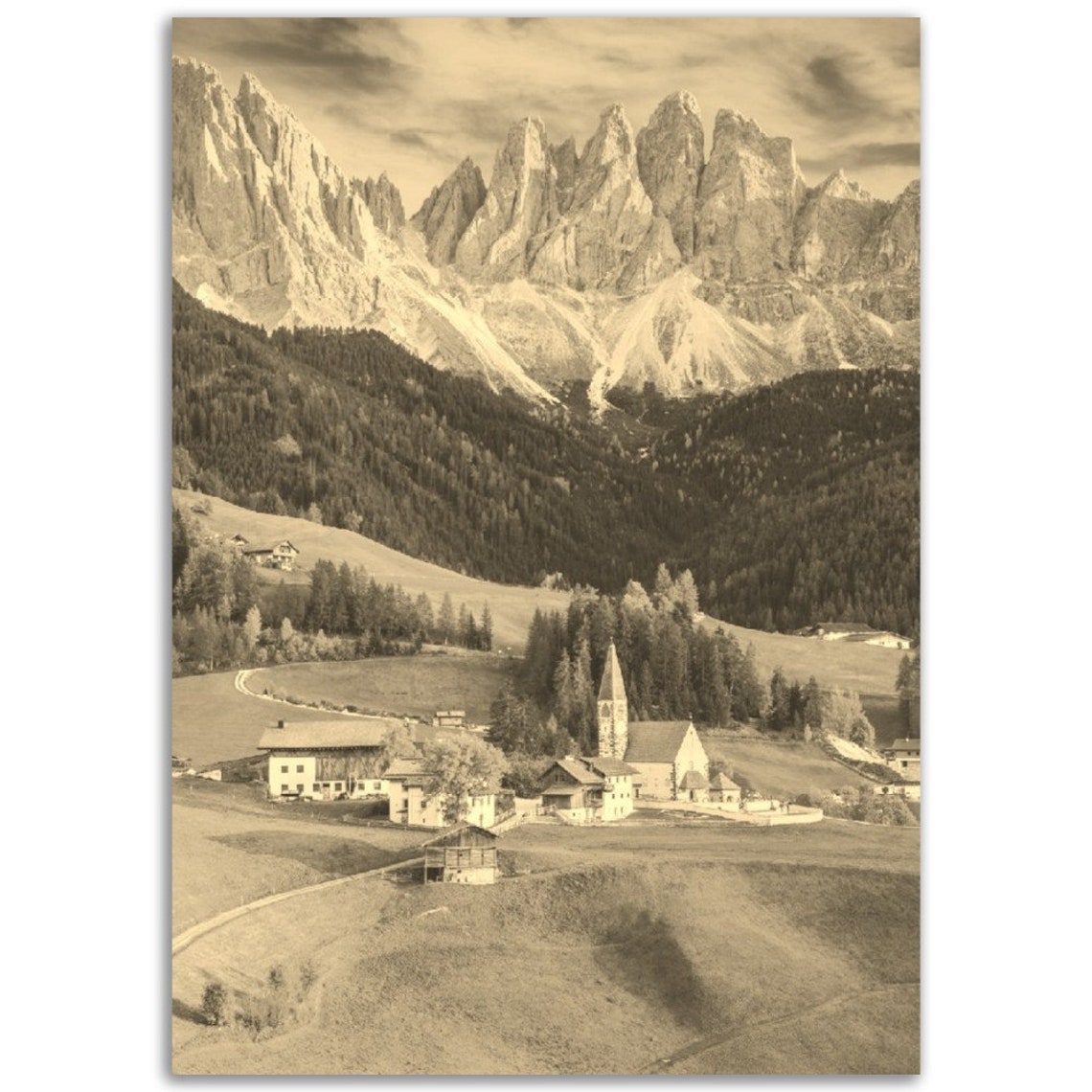 Dolomites Italy Alpine Village Jagged Peaks Vintage Sepia Poster