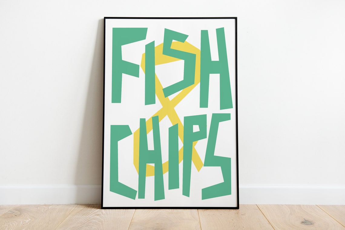 Fish and Chips Bold Green Typographic British Kitchen Art Poster