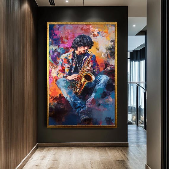 Colorful Saxophone Player Wall Art Abstract Musician Vibrant Jazz Art Bold Musical Decor Modern Artistic Saxophonist Painting