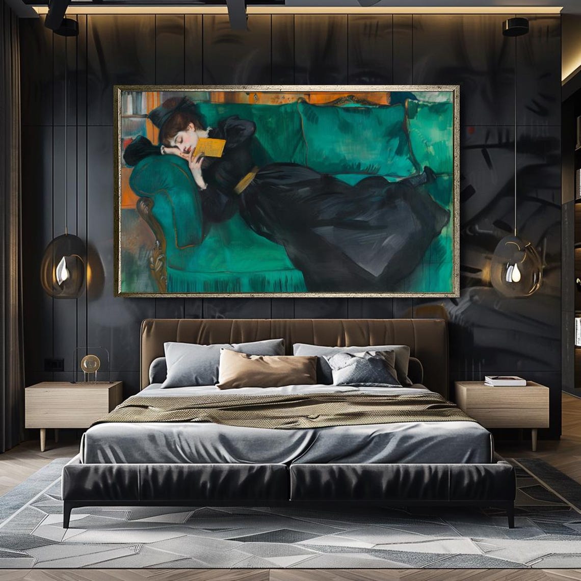 Elegant Woman Reclining Green Sofa Reading Classic Portrait Wall Art - Image 4