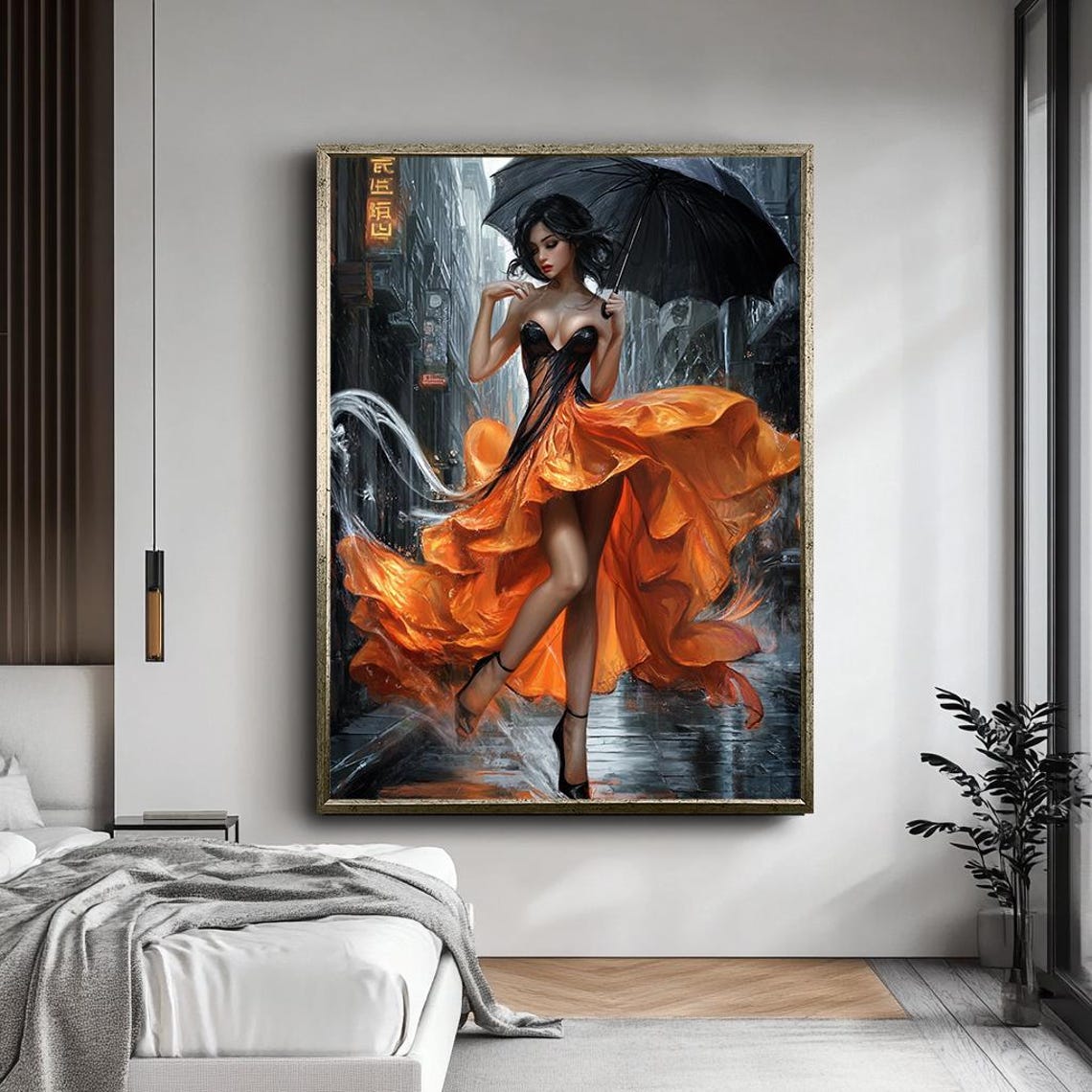 Elegant Woman In Flowing Orange Dress Print Stylish Cityscape Art Bold Fashion Artwork With Umbrella Modern Wall Art For Living Room - Image 3