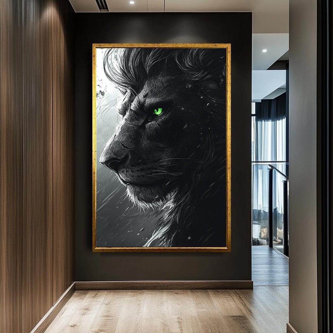 Majestic Black Lion Striking Green Eye Dramatic Wildlife Art Poster - Image 5