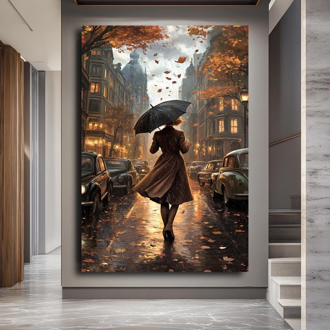 Rainy Street Scene, Vintage Autumn Cityscape Art Print - Image 3