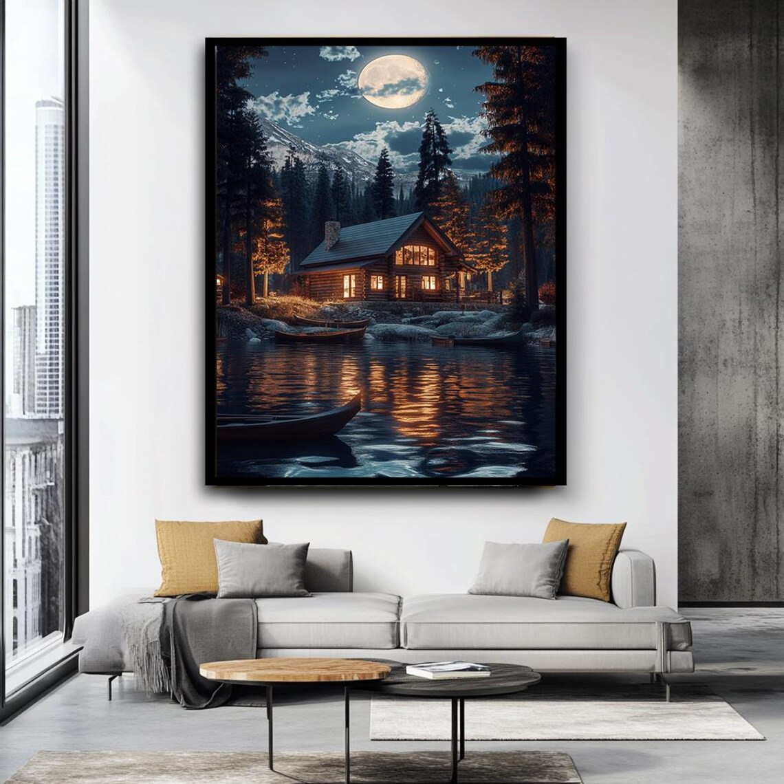 Moonlit Cabin By The Lake Art Cozy Night Scene With Reflection Tranquil Mountain Forest Wall Decor Peaceful Wilderness Print - Image 5