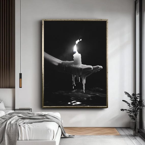 Moody Candle Hand Wall Art Black And White Surreal Photography Print Dramatic Dark Decor Gothic Aesthetic Art Ready To Hang