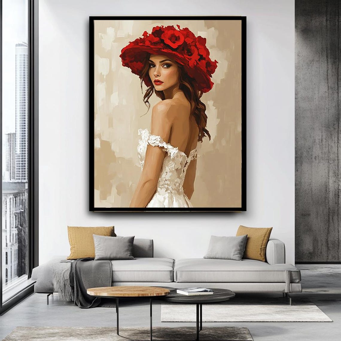 Elegant Woman Red Floral Hat White Dress Romantic Portrait Wall Art - Image 4