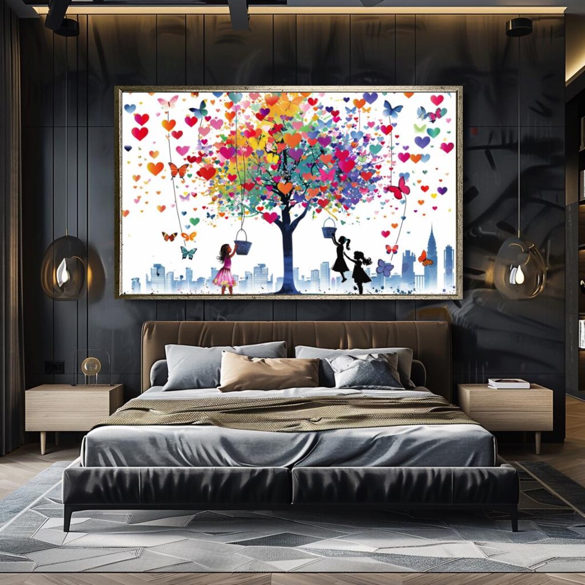 Colorful Heart Tree Two Girls Butterflies Joyful Kids Room Art Print