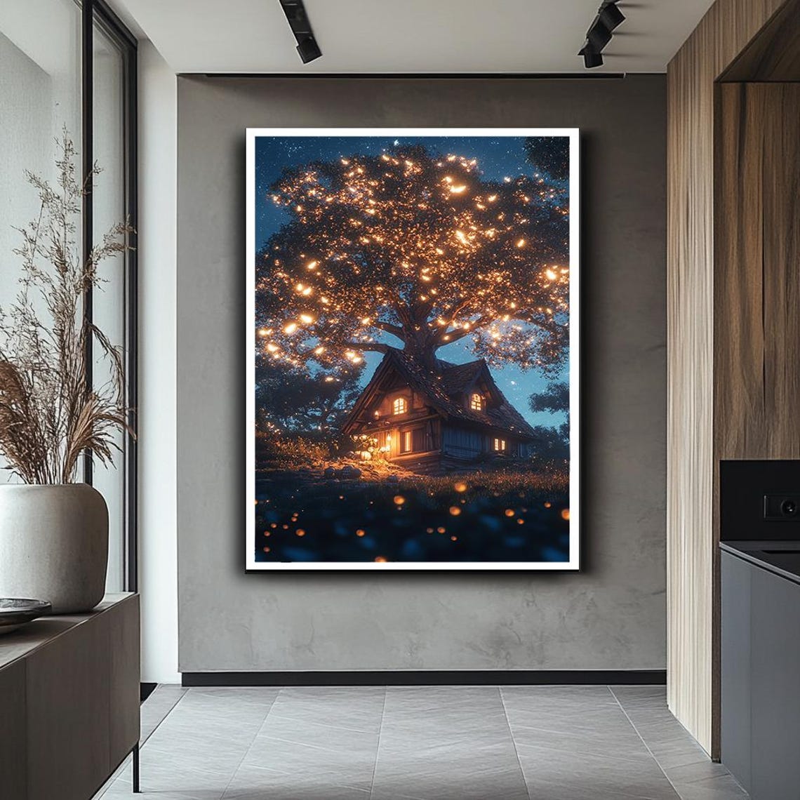 Magical Treehouse Cottage Glowing Fireflies Starry Night Forest Print - Image 2