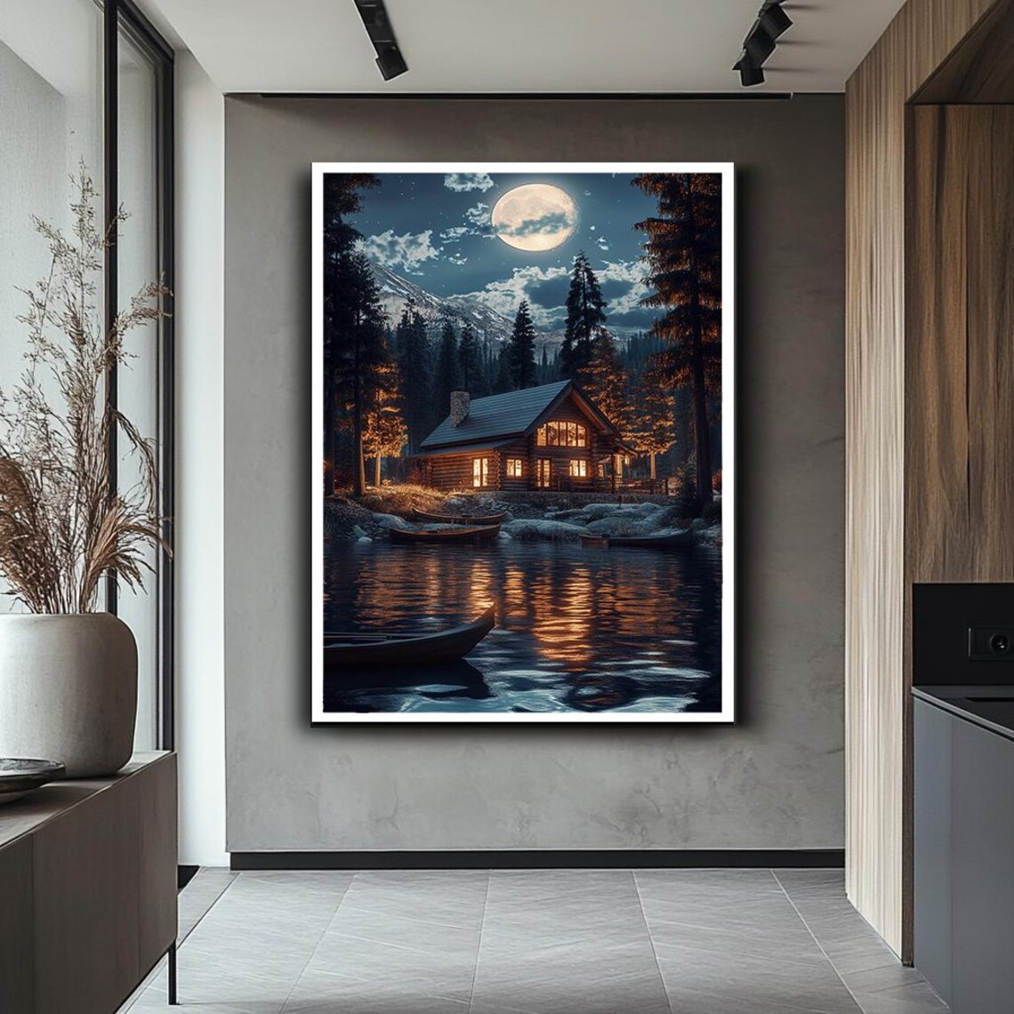 Moonlit Cabin By The Lake Art Cozy Night Scene With Reflection Tranquil Mountain Forest Wall Decor Peaceful Wilderness Print - Image 2