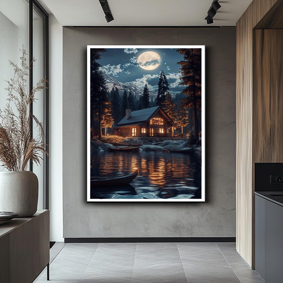 Moonlit Lake Cabin Mountain Retreat Cozy Night Reflection Poster - Image 2