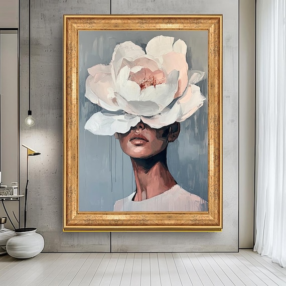 Abstract Woman Portrait With Giant White Peony Flower Modern Art Poster