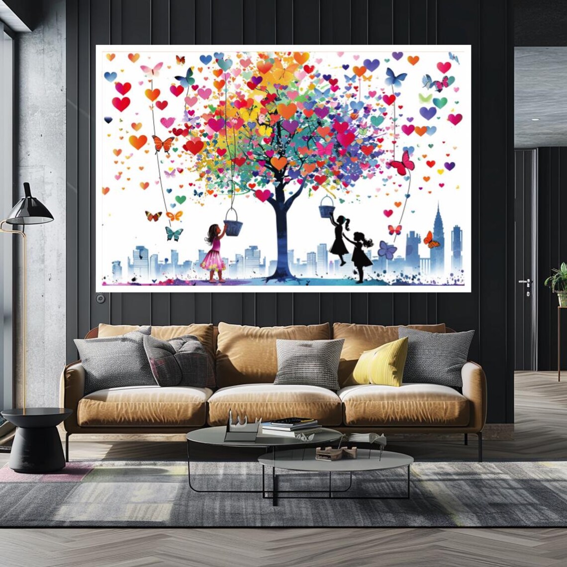 Colorful Heart Tree Two Girls Butterflies Joyful Kids Room Art Print - Image 2