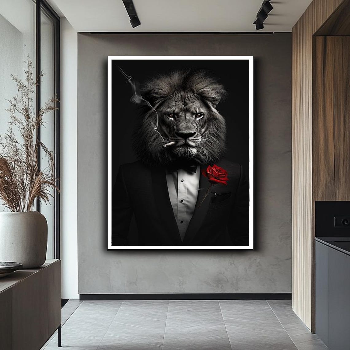 Dapper Lion Tuxedo Cigar Red Rose Sophisticated Animal Wall Art - Image 2