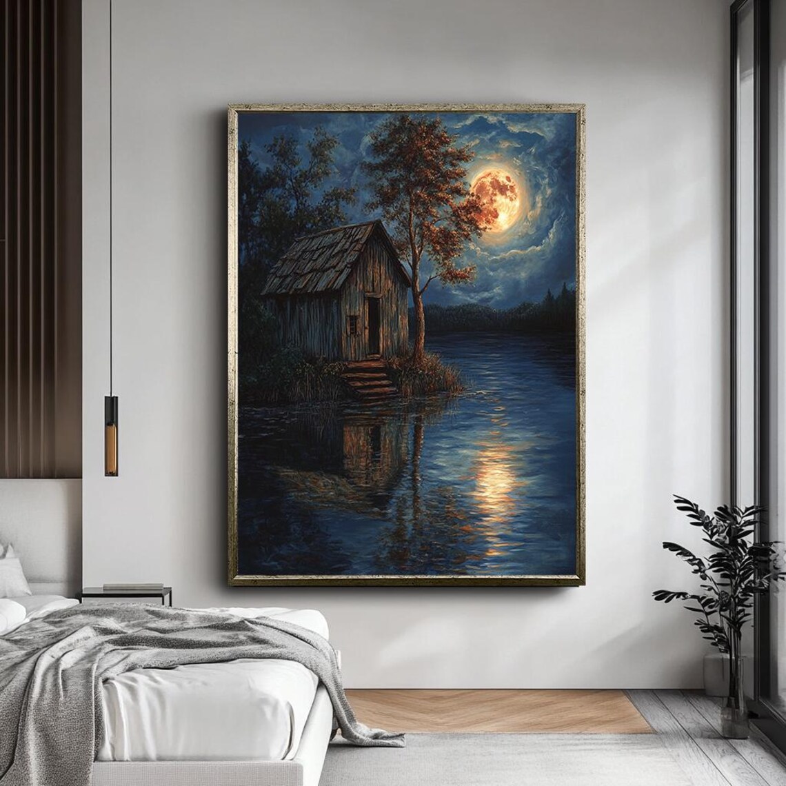 Rustic Cabin By Moonlit Lake, Peaceful Night Reflection - Image 5