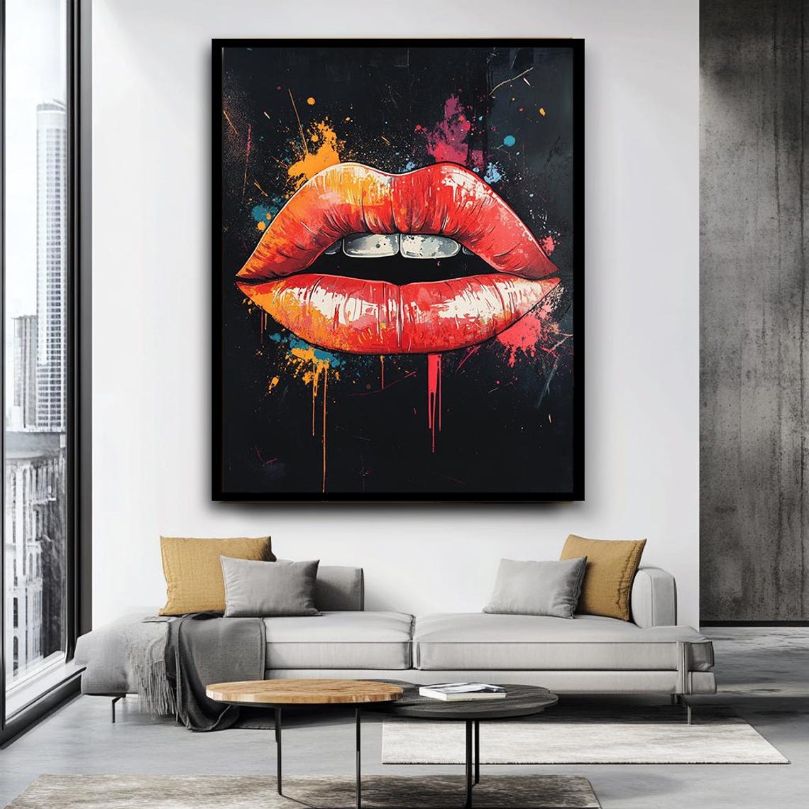 Bold Red Lips Pop Art Paint Splatter Black Background Wall Art - Image 4