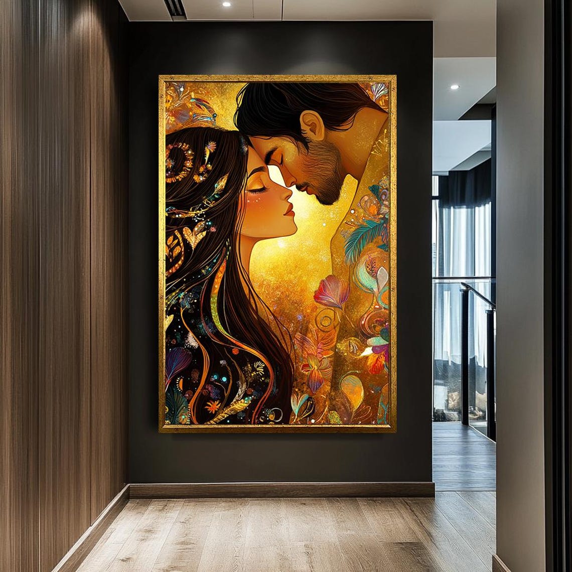Golden Romantic Couple Tender Embrace Warm Floral Lovers Wall Art - Image 2