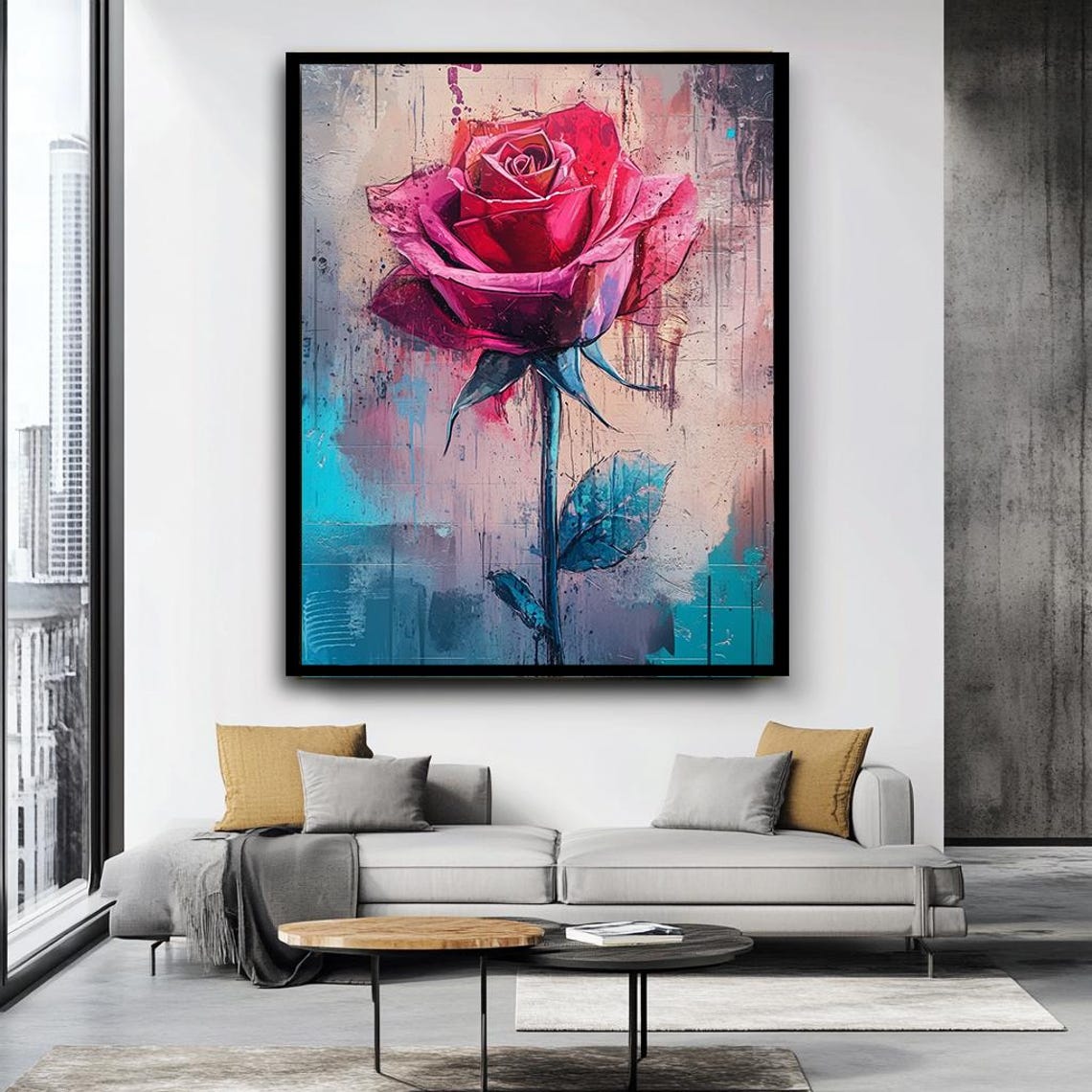 Red Rose Bloom Abstract Floral Painting Turquoise Drip Wall Art - Image 4