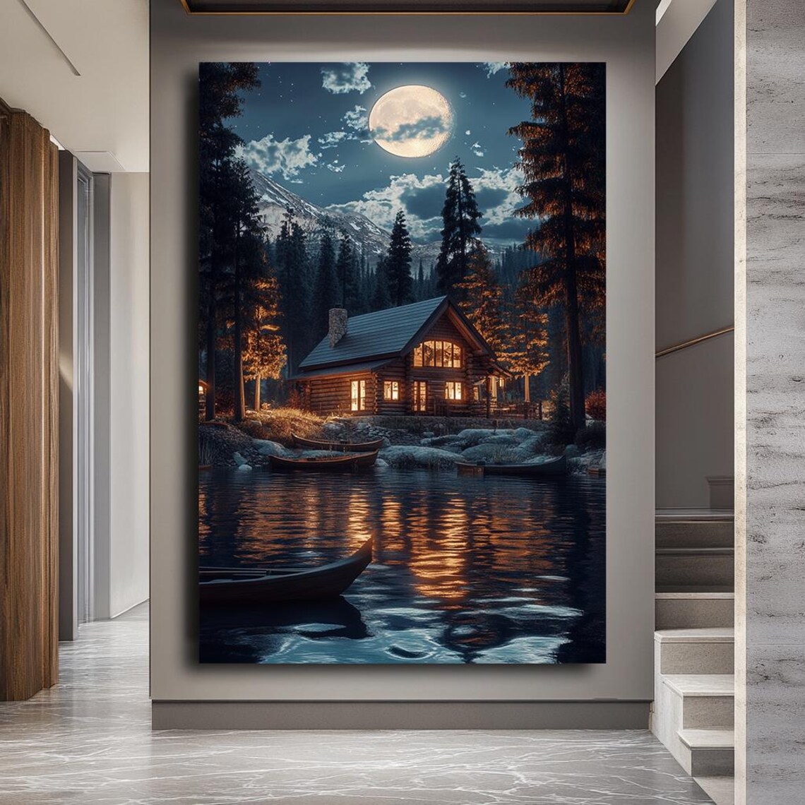 Moonlit Cabin By The Lake Art Cozy Night Scene With Reflection Tranquil Mountain Forest Wall Decor Peaceful Wilderness Print - Image 4